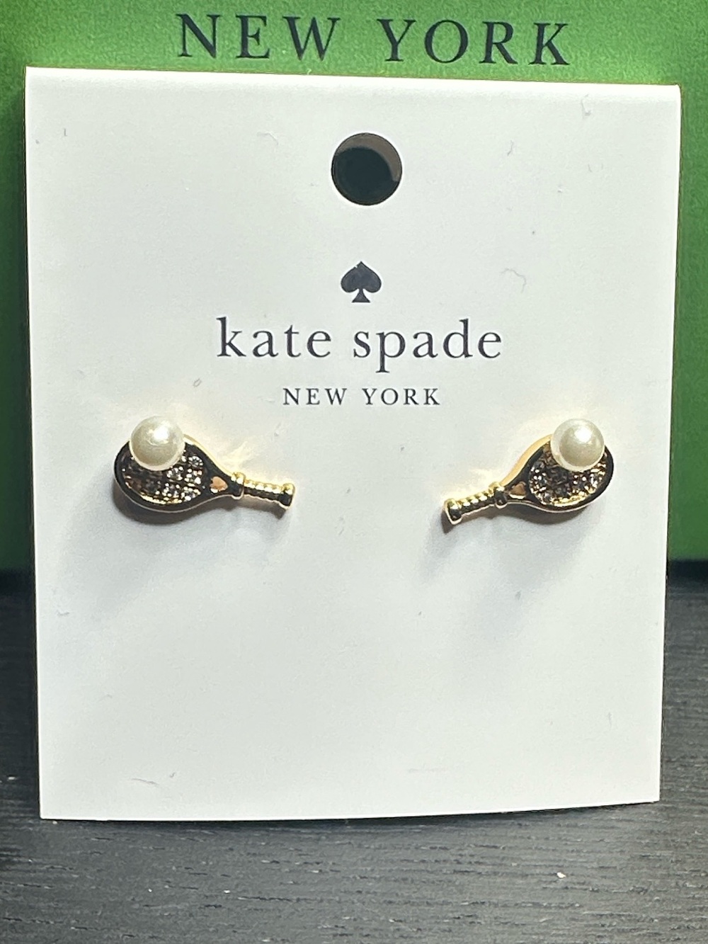 Kate Spade Earrings studs Tennis racket pearls gold New “Queen of the Co”